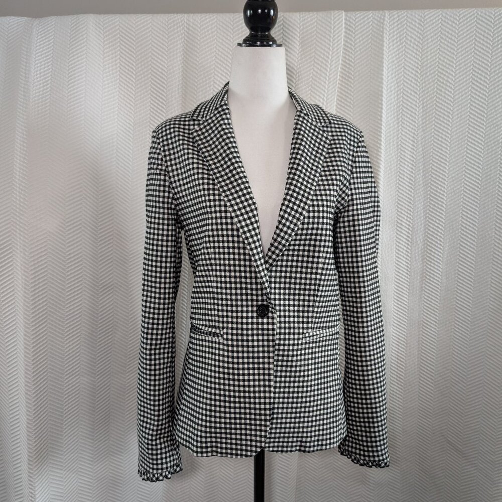 Simon Chang Black & White Gingham Blazer Ruffle Trim Cuff Stretch Size 8